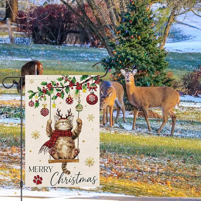 Heyfibro Merry Christmas Cute Cat Swing Garden Flag 12x18 Inch Double Sided Burlap, Retro Christmas Ball Snowflake Yard Banner for Winter Holiday Xmas Seasonal Outdoor Decoration(ONLY FLAG) by GreenHaven Gardens