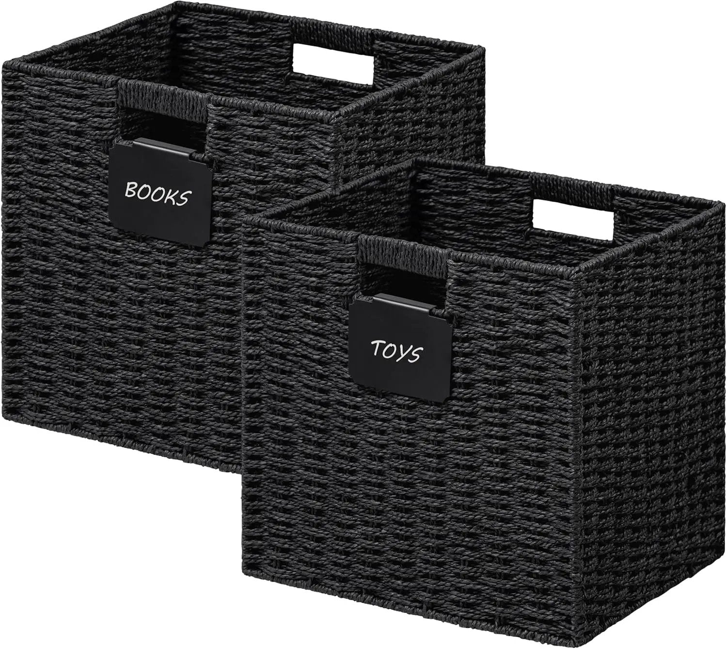 UBBCARE 2 Pack Wicker Basket, 13×13 Storage Cubes with Label, Foldable Cube Storage Bin with Handle, Square Storage Basket for Shelves, Woven Paper Rope Basket for Organizing, Black by GreenHaven Gardens