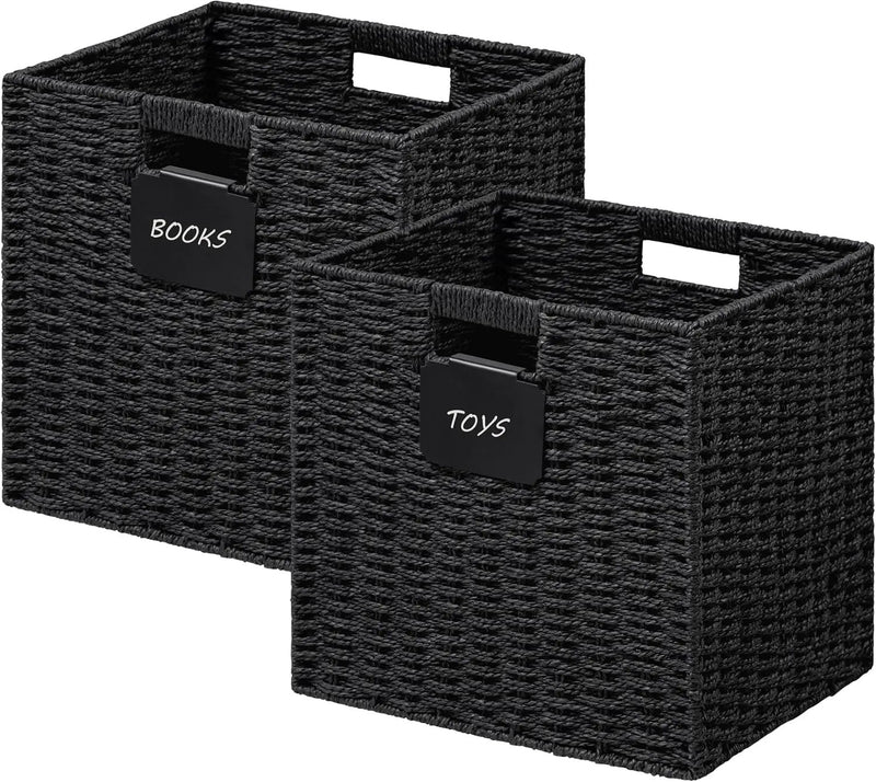 UBBCARE 2 Pack Wicker Basket, 13×13 Storage Cubes with Label, Foldable Cube Storage Bin with Handle, Square Storage Basket for Shelves, Woven Paper Rope Basket for Organizing, Black by GreenHaven Gardens