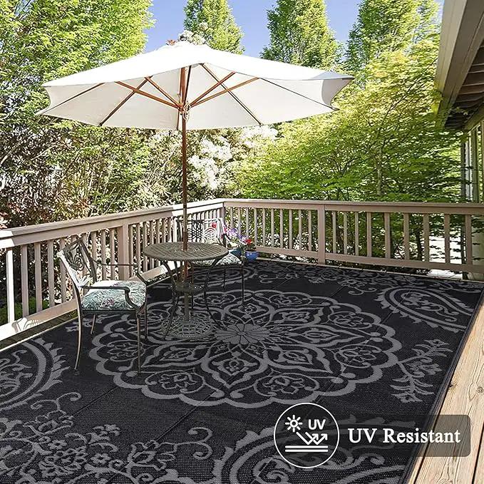Pauwer Waterproof Outdoor Rug 6x9, Reversible Plastic Straw Patio Camping Rug, Indoor Outdoor RV Mat Carpet for Deck, Camper, Porch, Balcony, Backyard, Picnic, Boho Black Grey by GreenHaven Gardens
