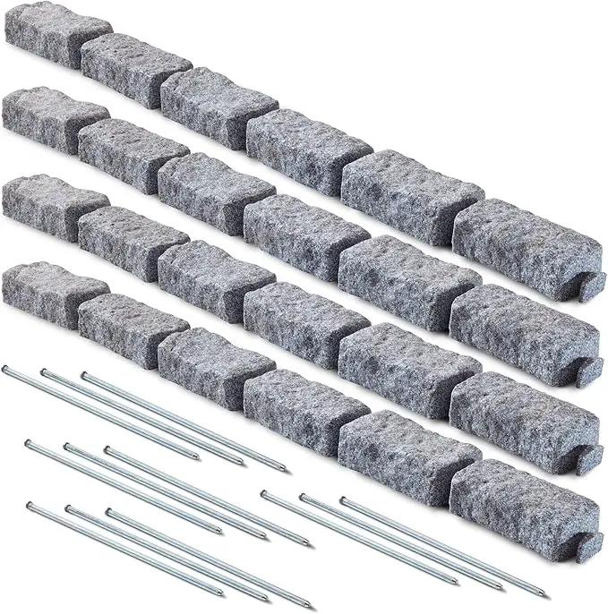 Beuta Landscape Edging | Garden Edging Border | Faux Stone Bricks for Lawn edging, Flower beds, Pathways & Yard Edging– 4 Packs | Each Section Has 6 Bricks 48"L x 4"W x 2.25"H | 12 Spikes |Greystone by GreenHaven Gardens
