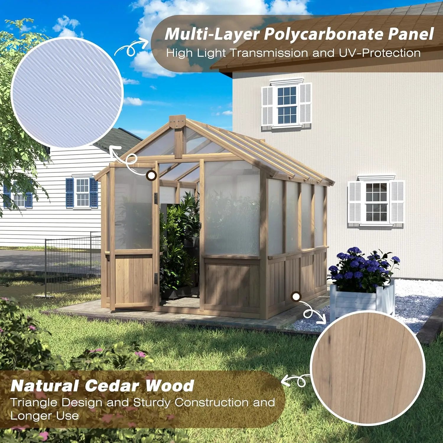 Mupater 6 x 8 FT Wooden Polycarbonate Greenhouse with Ventilated Window and Lockable Door, 6mm PC Panels for UV Protection, Walk-in Greenhouse Kit for Outdoor, Garden and Backyard, Brown by GreenHaven Gardens