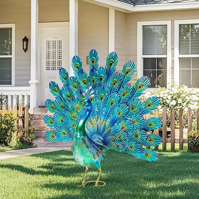 27.5" Tall Metal Peacock Garden Statue - Handmade, 3D Textured, Tail Spread Sculptures for Patio, Garden or Entryway. by GreenHaven Gardens