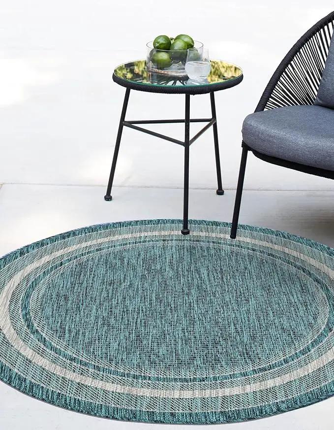 Unique Loom Outdoor Border Collection Area Rug - Soft Border (4' Round Teal/Ivory) by GreenHaven Gardens