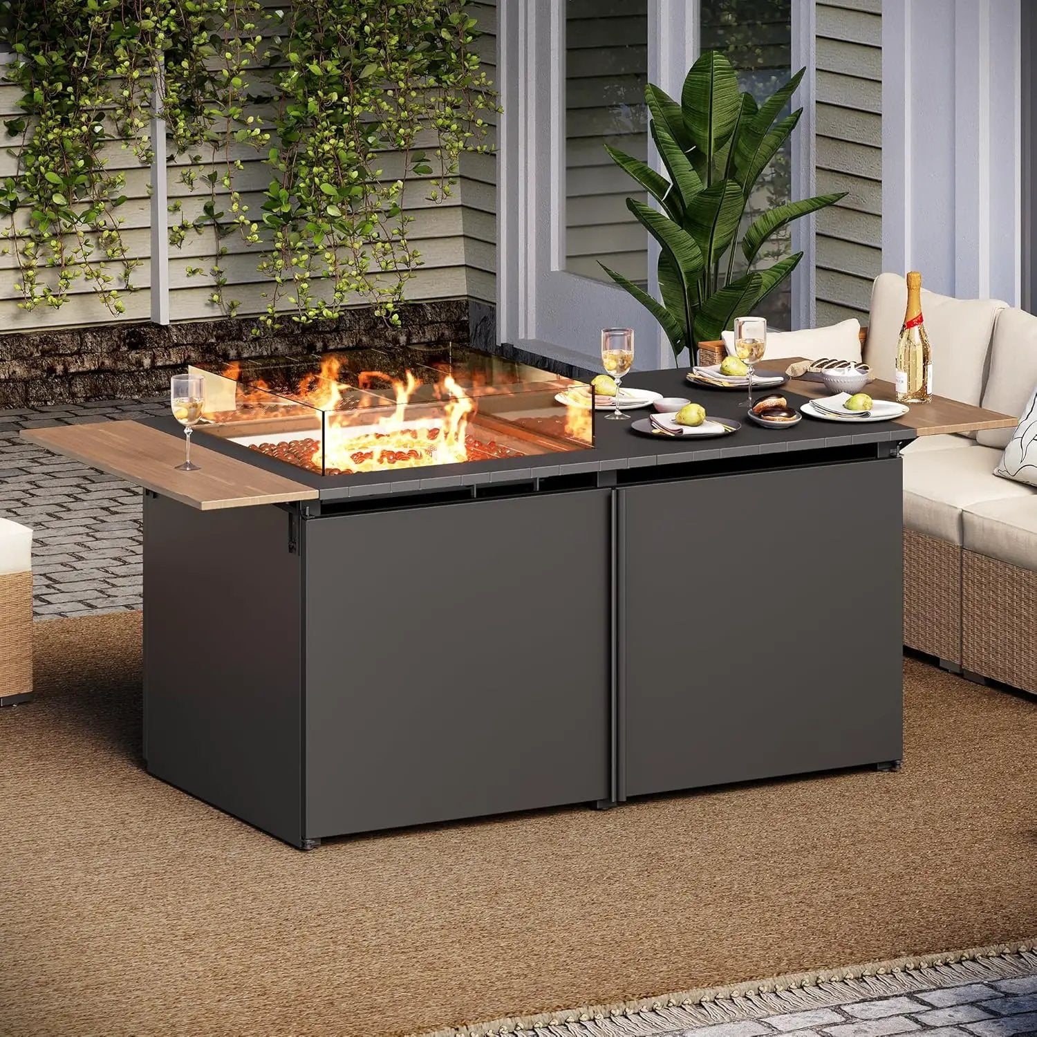 LAUSAINT HOME 64" Gas Fire Pit Table for Outside Patio, 55,000 BTU Propane Firepit with Expandable Tabletop & Wind Guard by GreenHaven Gardens
