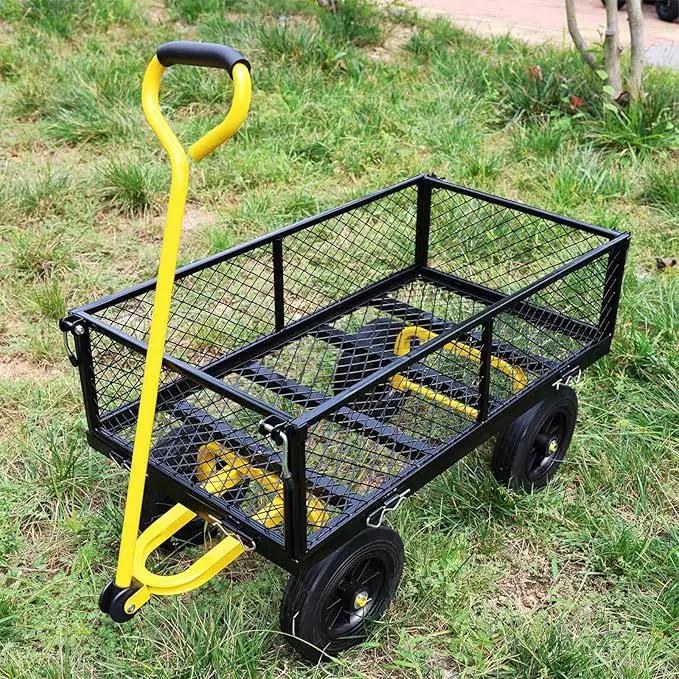 Heavy Duty 480 Lbs Capacity Mesh Steel Garden Cart Folding Utility Wagon with Removable Sides (Black+Yellow) by GreenHaven Gardens