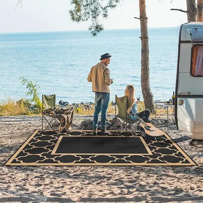 GENIMO 5' x 8' Outdoor Rug Waterproof for Patio Decor, Foldable Reversible Plastic Straw Area Rugs Mat for Camper, Outside Carpet for Rv, Deck, Porch, Picnic, Beach, Balcony, Black & Brown by GreenHaven Gardens
