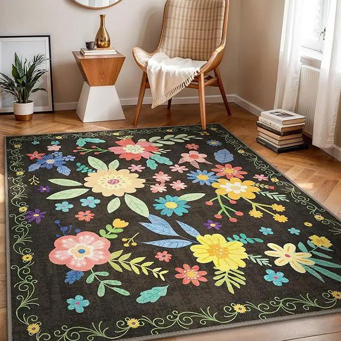 GENIMO Indoor Outdoor Area Rug 5' X 7' Waterproof, Washable Patio Rug Non Shedding, Easy Cleaning Floral Outdoor Carpet for Living Room, Bedroom, Dining Room, Balcony, Backyard, Deck, RV, Black by GreenHaven Gardens