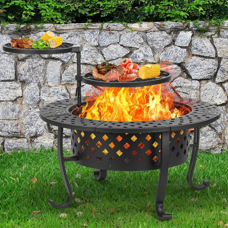 36 Inch Fire Pit with 2 BBQ Grills, Wood Burning Fire Pits for Outside with Lid & Fire Poker, BBQ& Outdoor Firepit & Round Metal Table 3 in 1 for Patio, Picnic, Party by GreenHaven Gardens