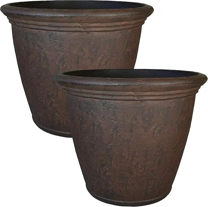Sunnydaze 24-Inch Anjelica Large Plastic Pot for Plants - Outdoor Polyresin Round Planter with Drillable Drainage Holes - Rust - 2pk by GreenHaven Gardens