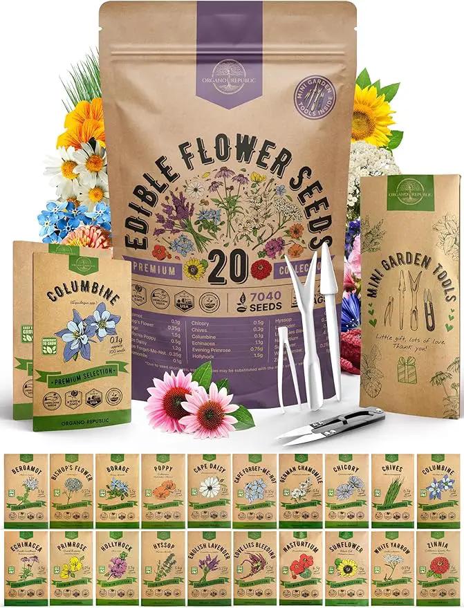 Organo Republic 20 Edible Flower Seeds Variety Pack- Indoor/Outdoor. 7000+ Non-GMO Heirloom: Borage, Bergamot, Nasturtium, Chives, Cape Daisy, Hyssop, Zinnia Seeds & More by GreenHaven Gardens