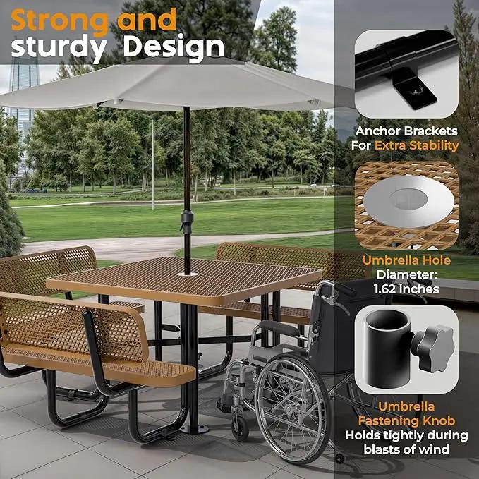 Metal Picnic Tables for Outdoors with Umbrella Hole - Coated Steel Heavy Duty Commercial Grade Table with Adjustable Seats (Brown, 46 in, Square with Back, Expanded Steel) by GreenHaven Gardens