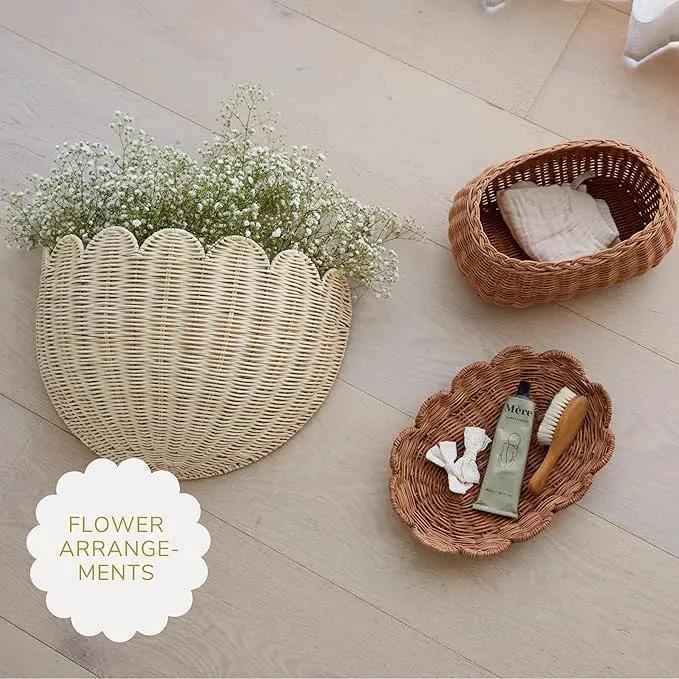 BEBE BASK Scalloped Wicker Wall Basket - The Original - Hand Woven Basket - Scalloped Décor Wall Hanging Baskets -16" x 10" x 7"In - Hanging Wall Basket (Natural) by GreenHaven Gardens