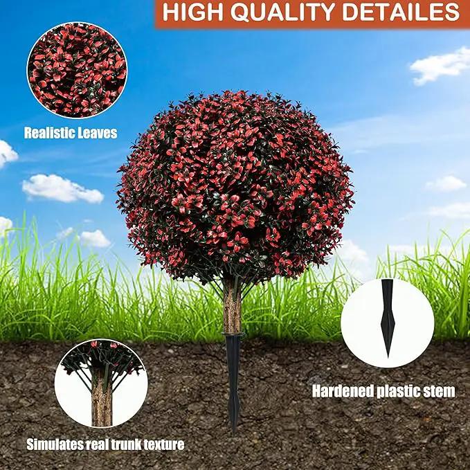 Fall Artificial Topiary Ball Boxwood Tree Outdoor with Spike,Set of 2 Large Faux Shrubs Bushes for Outdoor Planter,UV Resistant Autumn Fake Boxwood Plants for Potted Porch Indoor 24" by GreenHaven Gardens