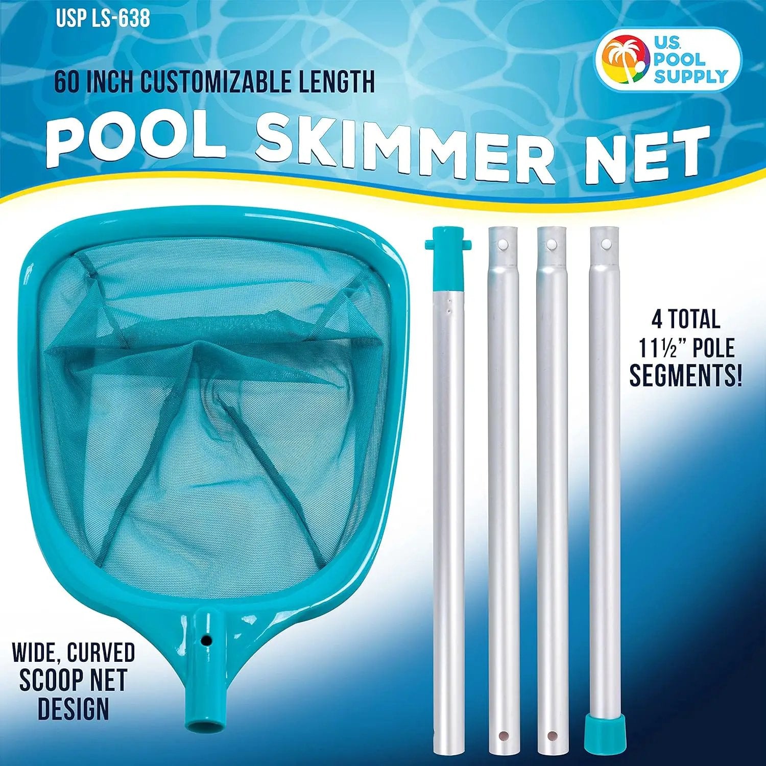 U.S. Pool Supply Swimming Pool 5 Foot Leaf Skimmer Net with 4 Aluminum Pole Sections - 6" Deep Ultra Fine Mesh Netting Bag Basket for Fast Cleaning of The Finest Debris - 60" Long, Clean Spas, Ponds by GreenHaven Gardens