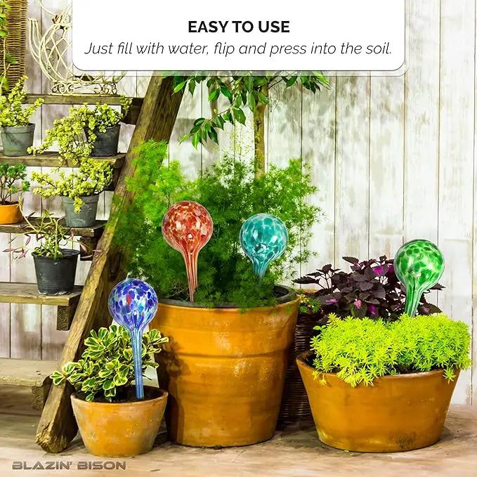 Blazin Indoor Plant Watering Globes | Automatic Self Water Bulbs | Aqua Water Globe | Decorative Hand-Blown Glass | 4pc Deluxe Set (Large) by GreenHaven Gardens