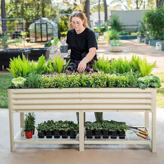 Elevated Raised Garden Bed-V Series, 2' x 6' Garden Beds with Legs & Storage Rack for Patio Porch, 1000 Lbs Weight Capacity, Outdoor Planter Boxes for Gardening Herbs Vegetables Flowers, Pearl White by GreenHaven Gardens