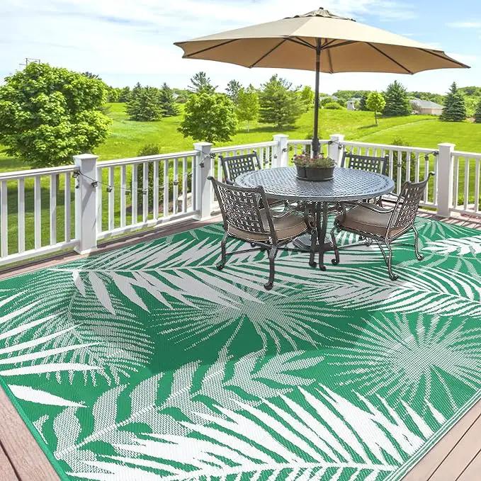 Outdoor Rug 8'x10' Waterproof for Patios Clearance, Reversible Outdoor Plastic Straw Rug Camping Carpet, Outside Floor Mats Large Area Rugs for RV,Patio,Deck,Porch, Beach,Balcony,Green&White by GreenHaven Gardens