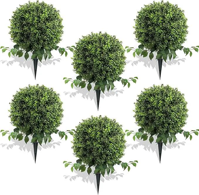 28" Artificial Boxwood Ball Bush, UV Resistant Topiary Tree Faux Boxwood Ball Shaped Porch Bushes with Ground Spike Artificial Bushes for Outdoors Front Door Decor Home Garden (6, Green) by GreenHaven Gardens