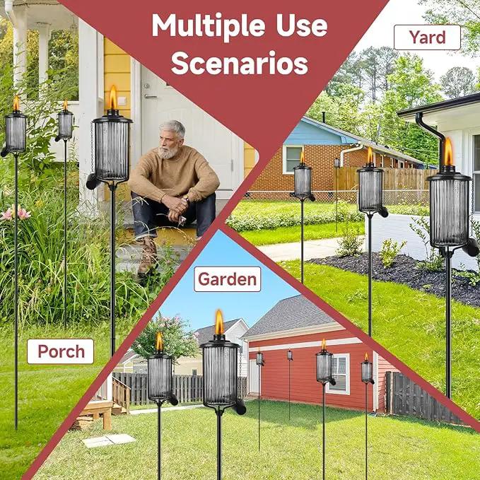 4 Pack Glass Citronella Torches, 16 oz Garden Torches for Outside with 3-Prong Grounded Stake, 55 inch Outdoor Black Glass Flame Light Torch for Yard, Patio, Deck, Garden, Party, Landscape by GreenHaven Gardens