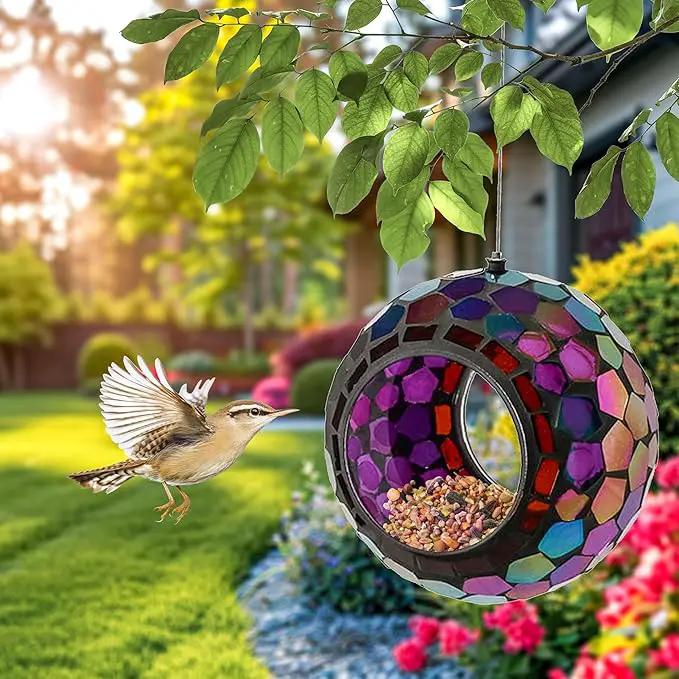 Sunnydaze 6-Inch Glass Mosaic Hanging Bird Feeder for Outdoors - Fly-Through Wild Bird Feeder - Iridescent Purple Mosaic by GreenHaven Gardens