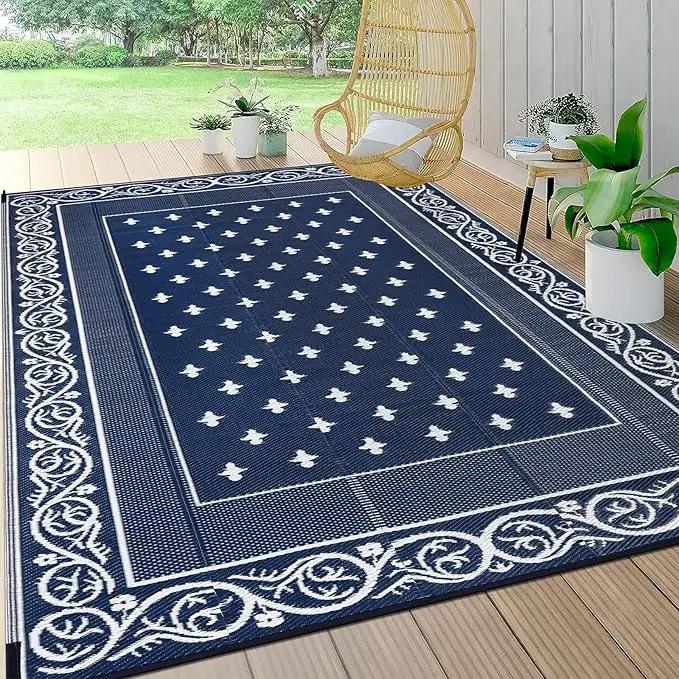 Pauwer Waterproof Outdoor Rug 8x10, Reversible Plastic Straw Patio Camping Rug, Indoor Outdoor RV Mat Carpet for Deck, Camper, Porch, Balcony, Backyard, Picnic, Bordered Navy by GreenHaven Gardens
