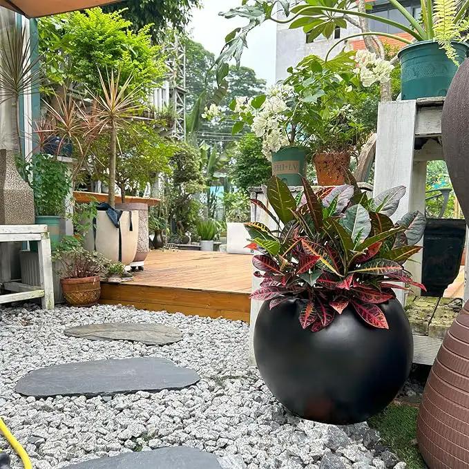 13.5 H x 17" Dia (12" Pot Opening) Round Fiberstone Planter with Drainage Hole, Black, Indoor/Outdoor Large Plant Pot for Home Patio Garden, Ideal for Large Plants by GreenHaven Gardens