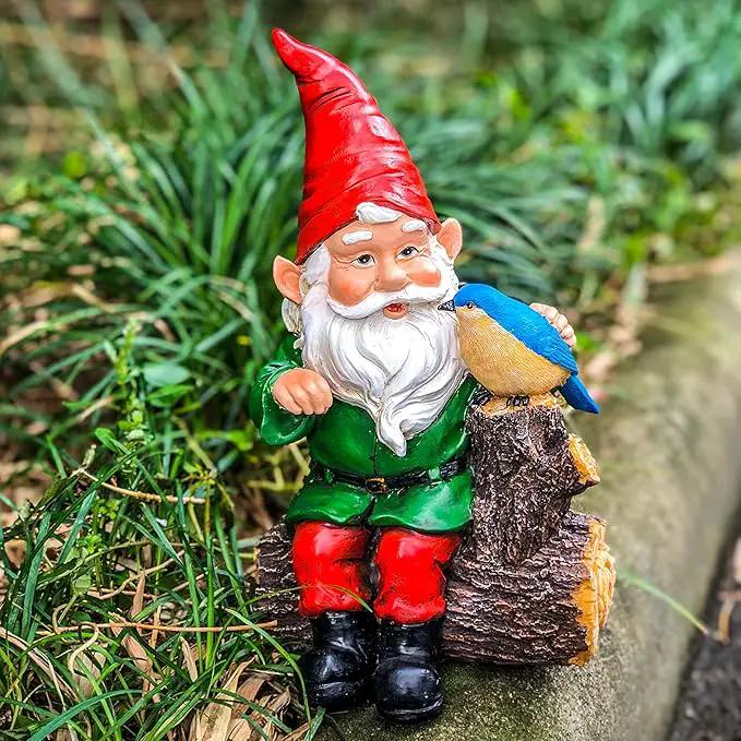 Garden Gnome Statues with Bird Resin Sculpture Gnome Sitting on The Stump Outdoor Statues for Outdoor Garden Decor by GreenHaven Gardens
