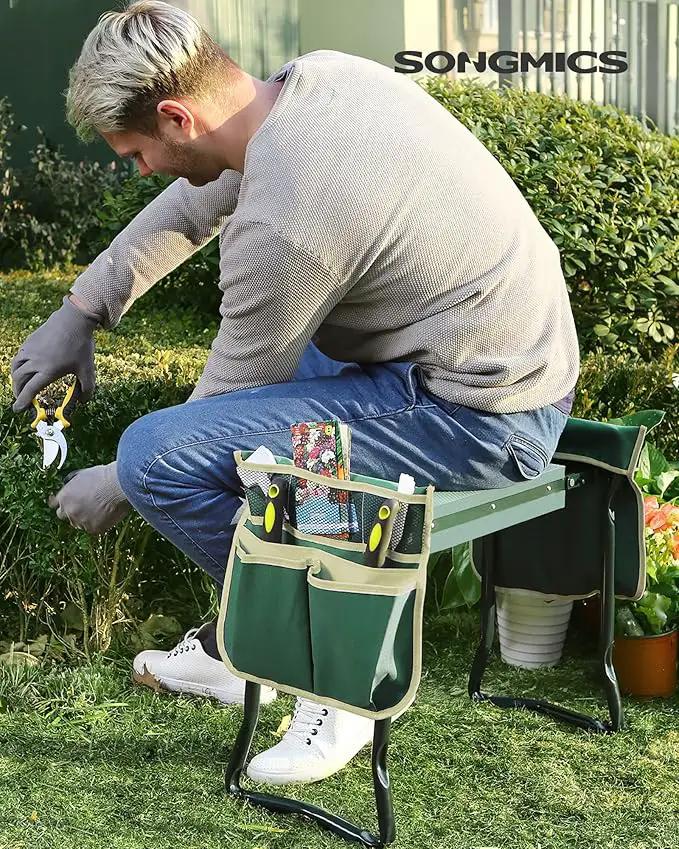 SONGMICS Garden Kneeler and Seat, Multifunctional Garden Kneeling Bench, Gardening Gifts for Women Men, Folding Gardening Stool, with 2 Tool Bags, 8-Inch Wide Kneeling Pad, Dark Green UGGK060L01 by GreenHaven Gardens