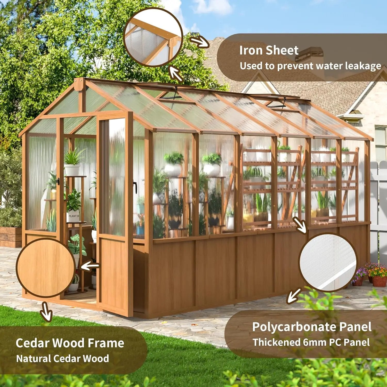 6x12 FT Wooden Greenhouse for Outdoors, Walk-in Greenhouse with 6MM Thick Polycarbonate Panel and Adjustable Roof Vents, Garden Backyard, Wood Colour by GreenHaven Gardens