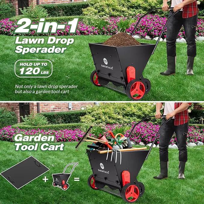 Suchtale Upgrade Push Lawn Spreader for Compost & Peat Moss, Organic Fertilizer Applicator with Rotating Blades, Adjustable Rate Metal Mesh Basket Topdresser by GreenHaven Gardens
