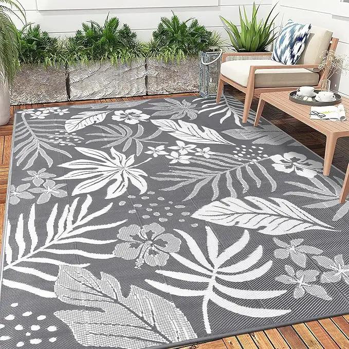 Pauwer Waterproof Outdoor Rug 8x10, Reversible Plastic Straw Patio Camping Rug, Indoor Outdoor RV Mat Carpet for Deck, Camper, Porch, Balcony, Backyard, Picnic, Floral Grey by GreenHaven Gardens