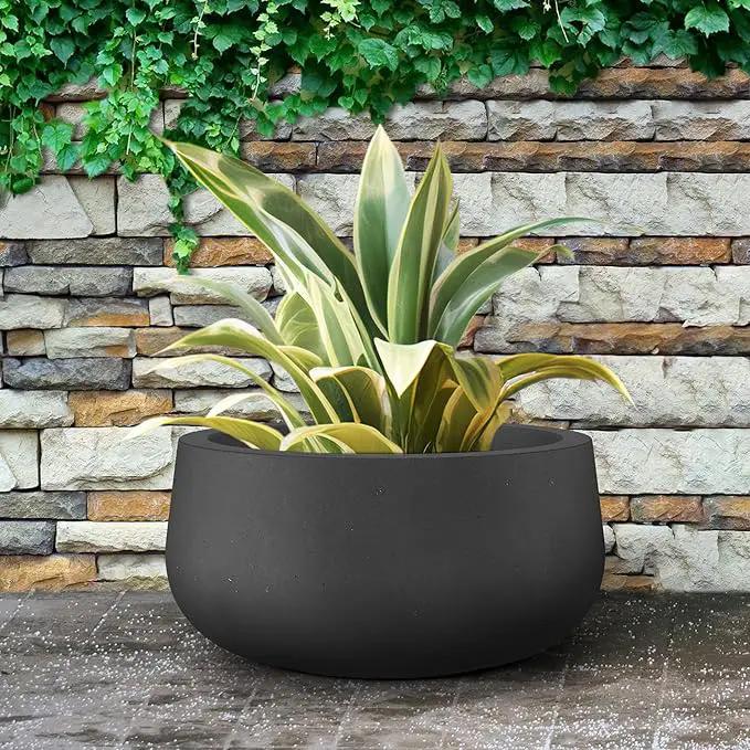 Kante 19.6" Dia Round Concrete Planter, Cement Plant Pots with Drainage Hole and Rubber Plug for Outdoor Indoor Garden Home, Modern Curvaceous Design, Black by GreenHaven Gardens