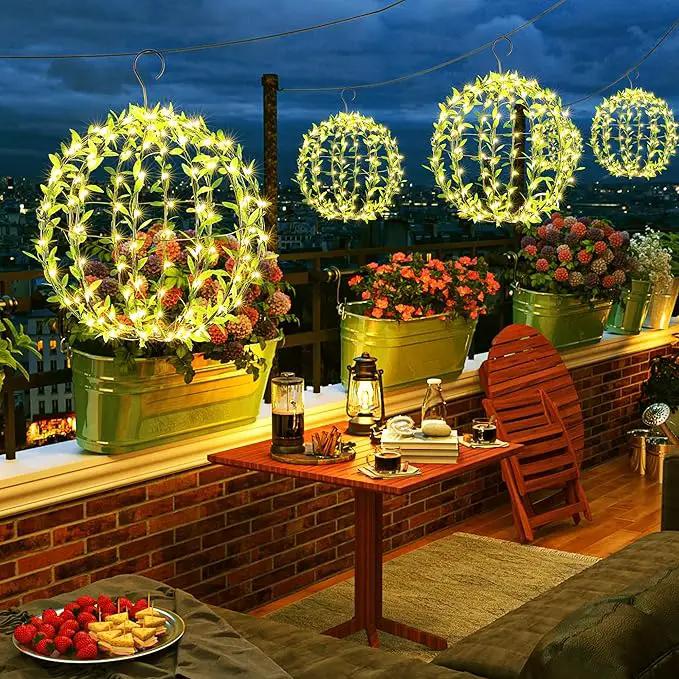 Joomer Solar Hanging Lights Outdoor, 2 Pack 12in 120 LED Solar Globe Lights, 8 Modes Waterproof Foldable Metal Sphere Light with Hook for Garden Yard Porch Decor-Warm White (Ball with Green Leaf) by GreenHaven Gardens