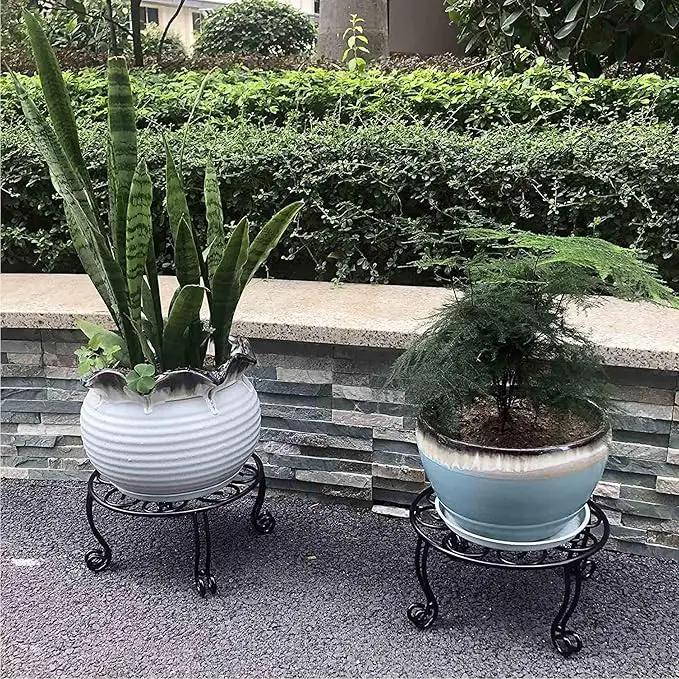 Metal Outdoor Plant Stand 11.8IN Diameter Heavy Duty Plant Pot Stands for Indoor Round Flower Pot Support Rack Set of 2,Black by GreenHaven Gardens