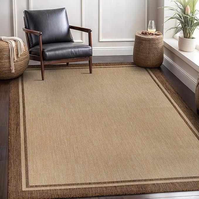 CAMILSON Outdoor Rug 8x10 Bordered Natural Brown Modern Area Rugs for Indoor and Outdoor Patios, Kitchen and Hallway Mats, Washable Porch Deck Outside Carpet (Border Jute, 8 x 10) by GreenHaven Gardens