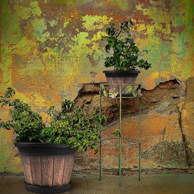 Quarut Large Plastic Plant Pots Set of 4 Pack13 inch,Whiskey Barrel Planters with Drainage Holes & Saucer.Flower Pots Imitation Wine Barrel Design for Indoor & Outdoor Garden Balcony Plants (Brown) by GreenHaven Gardens
