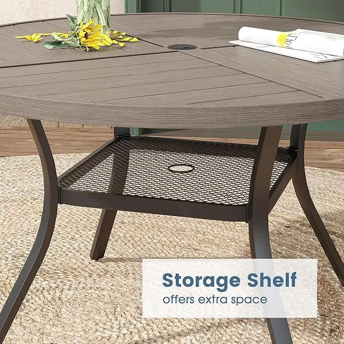 DIFY 40.6" Round Outdoor Patio Dining Table for 4, All-Weather Metal Steel Slatted Patio Table with 1.57" Adjustable Umbrella Hole, for Lawn Garden Porch Backyard, Grey Wood-Like by GreenHaven Gardens