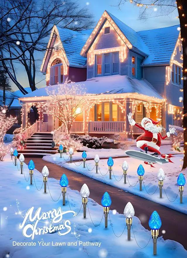 Brightown 2 Pack Strawberry C9 Pathway Lights Outdoor - Total 34.8 Feet 20 LED C9 Walkway Lights, Christmas Outside Decorations for Lawn Holiday, Blue & Pure White by GreenHaven Gardens