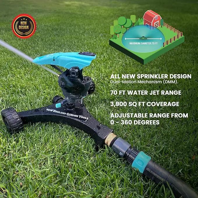 Lawn Pulsating Impact Sprinkler 300011 with a Gear Drive on Metal Base, Adjustable to 360 Degrees by New England Garden Tools by GreenHaven Gardens