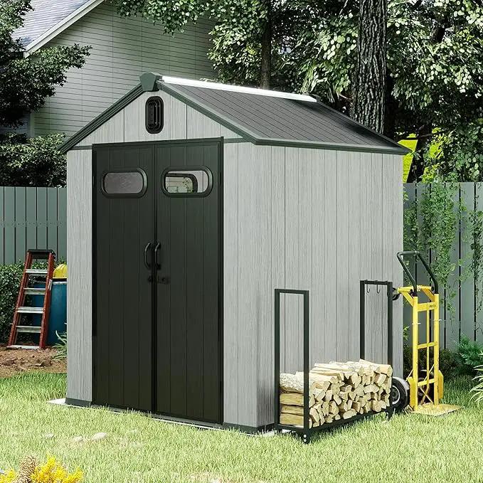Domi 6x6FT Outdoor Resin Storage Shed with Transparent Windows & Louvered Vents, Plastic Tool Shed with Double Lockable Doors & Gable Roof, Outside Garden Shed for Backyard, Patio, Lawn, Grey by GreenHaven Gardens