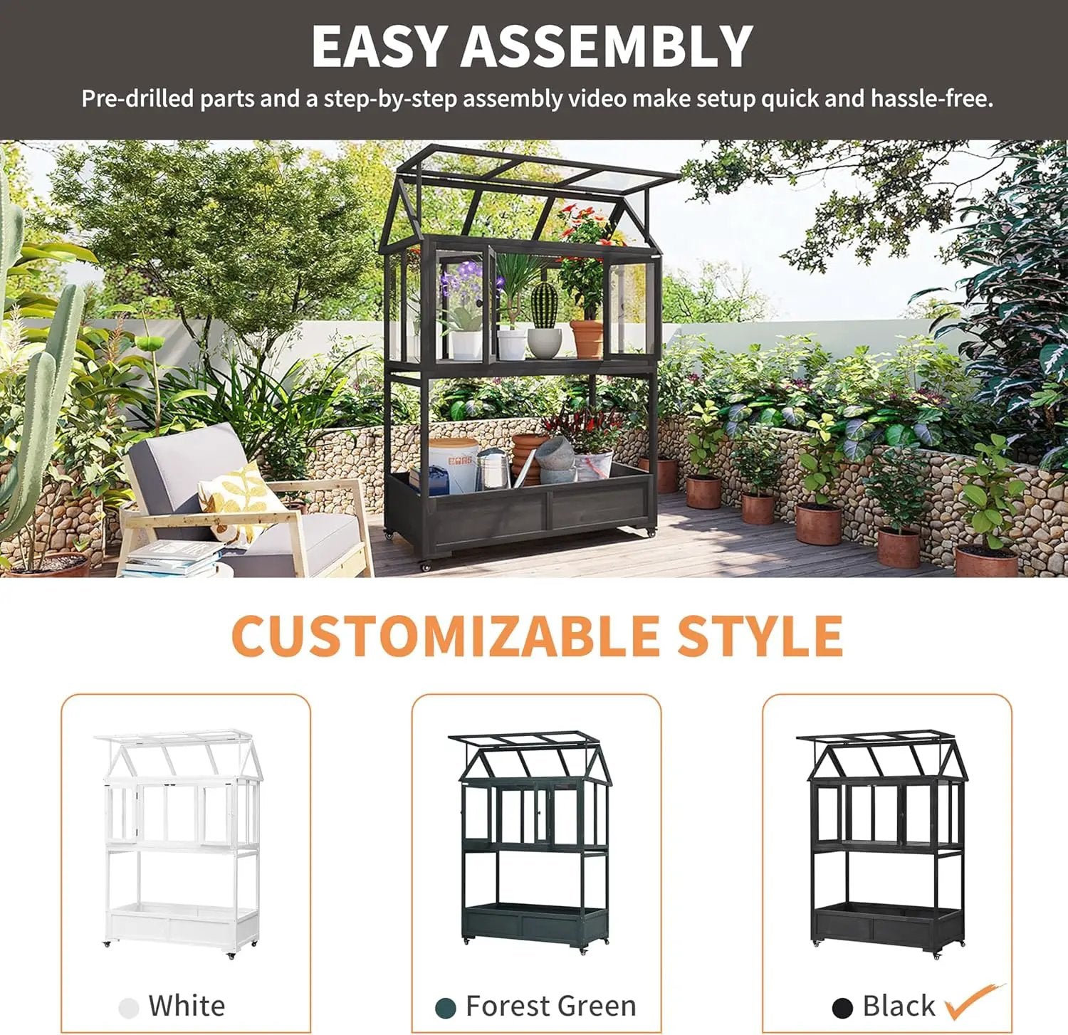 Greenhouse Cold Frames with Wheels - Adjustable Shelves Portable Cold Frame for Balcony/Patio, UV-Resistant Indoor Outdoor Plant Growing Cabinet (Large, Heavy-Duty) (Black) by GreenHaven Gardens