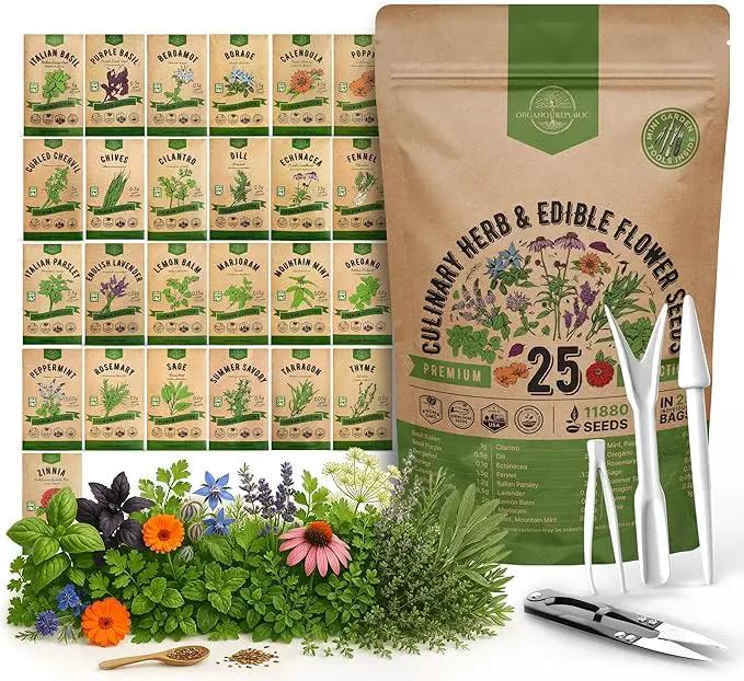 25 Culinary Herbs & Edible Flower Seed Variety Pack for Planting Indoor & Outdoors. 11900+ Non-GMO Heirloom Flower Seeds: Basil, Borage, Echinacea, Lavender, Oregano, Rosemary Seeds & More by GreenHaven Gardens