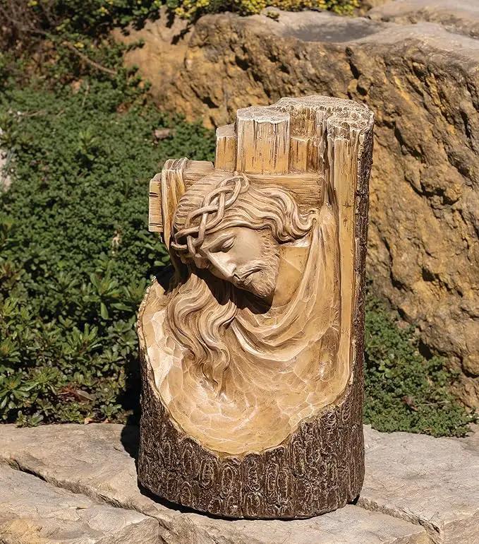 Joseph's Studio by Roman, 12" H Carved Cross with Jsesus Garden Statue, Religious Outdoor Decor by GreenHaven Gardens