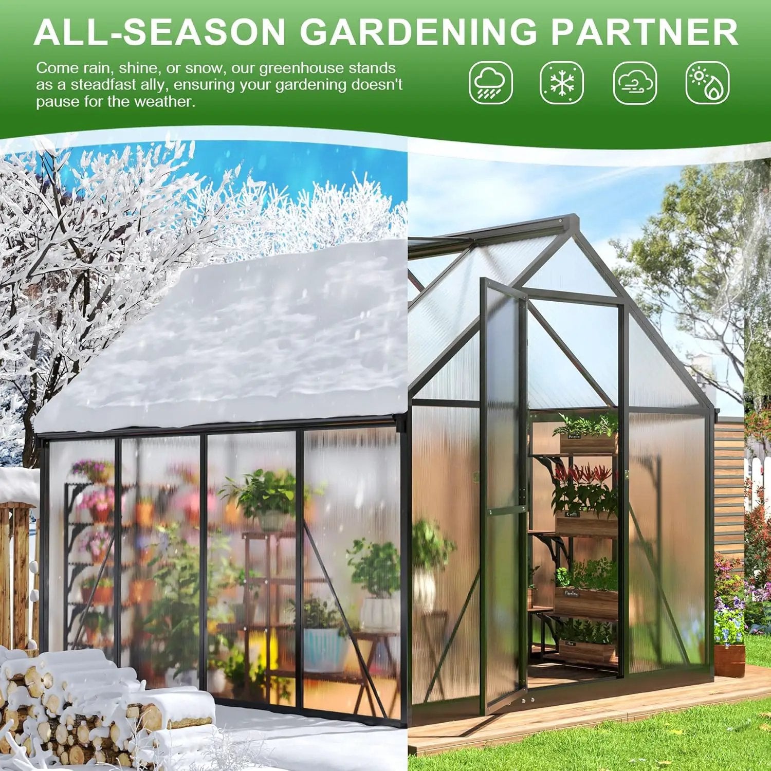 Polar Aurora 6x8 FT Greenhouse, Quick Aluminum Assembly Structure Polycarbonate Greenhouse, Walk-in Greenhouses for Outdoors with Ventilated Windows, Green Houses for Outside Backyard Garden by GreenHaven Gardens