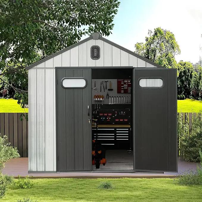 Domi 8x6 FT Outdoor Resin Storage Shed, All-Weather Double-Wall Storage Building for Backyard, Garden, Lawn Tools, Mower, Bike & Pool Equipment, Lockable Doors, Ventilated Roof, Grey by GreenHaven Gardens