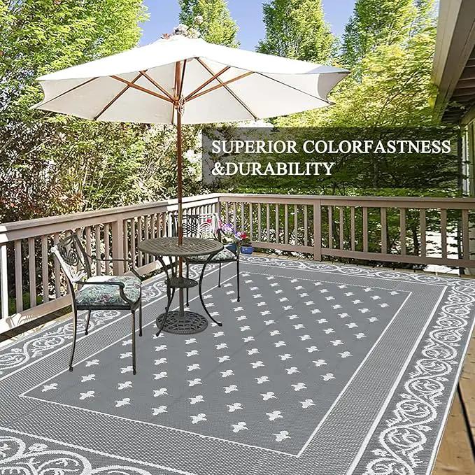 Pauwer Waterproof Outdoor Rug 8x10, Reversible Plastic Straw Patio Camping Rug, Indoor Outdoor RV Mat Carpet for Deck, Camper, Porch, Balcony, Backyard, Picnic, Bordered Grey by GreenHaven Gardens