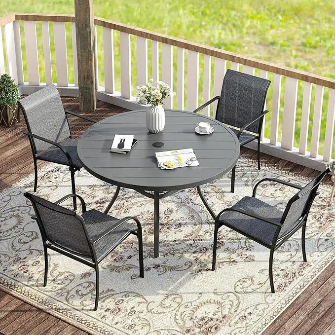VICLLAX 5 Pieces Patio Dining Set for 4, Outdoor Furniture Set Includes 40.7" Round Patio Table and 4 Patio Stackable Chairs, Grey Tabletop and Grey Fabric by GreenHaven Gardens