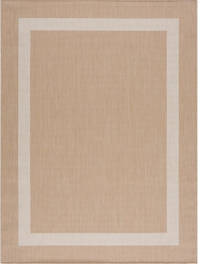 CAMILSON Outdoor Rug 8x10, Modern Outside Rugs for Patios Porches Waterproof Durable Washable Non-Shedding, Easy-to-Clean Indoor Outdoor Area Carpet (8 x 10, Bordered - Beige/White) by GreenHaven Gardens