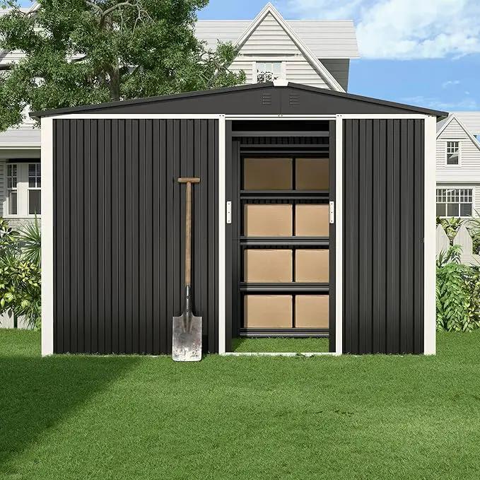 Metal Outdoor Storage Shed 10FT x 6FT with Firewood Storage, Steel Utility Tool Shed Storage House with Sliding Door, Metal Sheds Outdoor Storage for Backyard Garden Patio Lawn, Black by GreenHaven Gardens